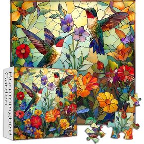 Stained Glass Puzzles for Adults 1000 Pieces, PICKFORU Colorful Flower Hummingbird Jigsaw Puzzles, Mosaic Bird Puzzles as Home Decor