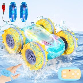 برمائيات RC Car Boat- سيارات التحكم عن بعد للأطفال ، شاحنة استشعار الإيماءات مع بطاريتين ، 360 درجة تدور لعبة الأضواء CAR-10 LED ، ألعاب البلياردو والشاطئ للأعمار من 6 إلى 12 ، هدايا للبنين والبنات.