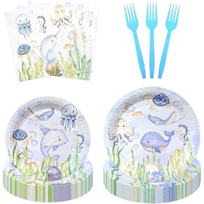 108 PCS Undersea Plates Napkins and Forks Sentware Set Underers Sefety Party Table Formes Supplies Cute Ocean Animals Accortible Dirediber Birthday Baby Shower Decoration Party Decoration