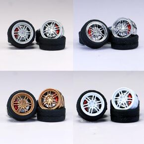 1/64 Wheels and tires for Upgraded Mainline Cast Model Car,Diameter is 0.39In,Thick-Five Axles, 4 Sets/Pack, ABS wheels with Rubber Tires Rivet Shaft with Brake Pads (Series Y(4 sets))