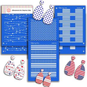 American Flag Silk Screen Stencils for Polymer Clay, 6 PCS Star Pattern Silkscreen for Polymer Clay Earring Making, 2 Layers Reusable Silk Screen Stencils for Polymer Clay SSCMB-2