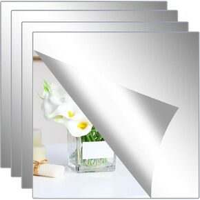Abyssaly Mirror Stickers for Walls 4 Pack 12''x12'' Self Adhesive Stick on Mirrors Tiles Small Peel and Stick Mirror Tiles 2mm Unbreakable Wall Mirrors Decorative Sheets for Kitchen