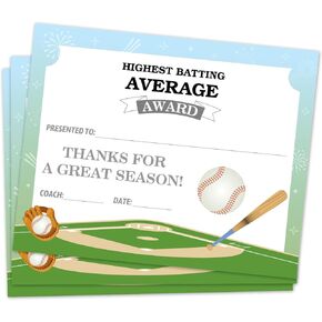 Baseball Award Certificates, Baseball Highest Average, 25 Sport Award Certificates for Students Teacher Teams Employee, Baseball Ceremony & Sports Achievement Supplies -03