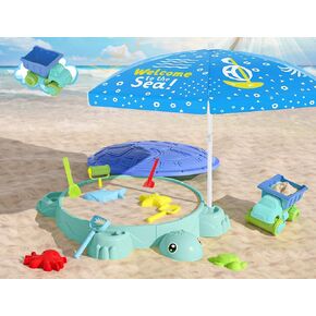 Upgraded Kids Turtle Sandbox with Lid & Adjustable Umbrella, Truck Toy & 8pcs Sand Shovels, Sand Box with Cover, Beach Toys for Toddlers 3-5, Plastic Indoor Outdoor Play Toys Gift for Girls Boys