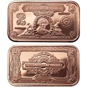 1 oz copper bar $2 bill currency Thomas Jefferson banknote coin