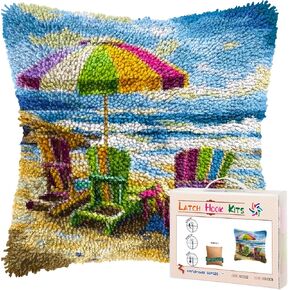 DIY Latch Hook Pillow Plows Clish Beach With Chairs Phymbrella Printed Pillowcase Yarns Coking Handmade Cover Costion for Home Sofa Decoration 17x17inch-4