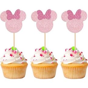 24 PCS Mouse Cupcake Toppers with Pink Bow - Glitter Mini Cupcake تختار للاستحمام الطفل ، عيد ميلاد الأطفال ، زفاف ، مستلزمات كعكة الحفلات (الوردي)