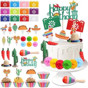 42 Pcs Mexican Fiesta Cupcake Toppers Sombrero Party Hats Mini Mexican Papel Picado Banner Cactus Pepper and Flower Cake Decoration for Mexican Themed Party