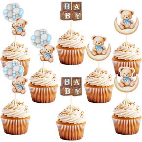 24 PCS Bear Cupcake Toppers ، Shower Baby Bear Bear Cake Decorations Little Bear Cupcake Topper for Bear theme baby Shower Supplies (Blue)