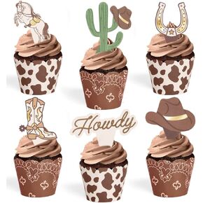 XO ، Fetti Western Cupcake Liners + Toppers - مجموعة من 24 | الديكور كعكة عيد ميلاد روديو ، ملحقات طعام العازبة في هودواون ، لوازم حفلة الأطفال