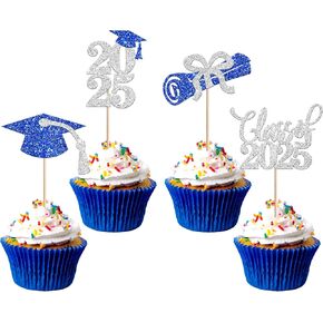 RSSTARXI 24 Pack Prom 2025 Cupcake Toppers Glitter Prom 2025 Graduation Cupcake Picks Class Of 2025 Cake Decorations for 2025 College Graduation Prom Party Decorations Silver