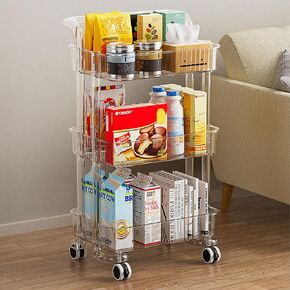 3-Tier Plastic Rolling Utility Cart Organizer with Handle, Multi-Functional Storage Trolley with Lockable Wheels & Reinforced Handle, for Nursery, Office, Living Room, Bathroom, Kitchen(Clear)