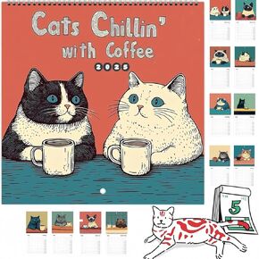2025 Cat Calendar -12-month Cat Theme Calendar, Gift for Cat Lovers, 12-month Coffee Cat Wall Calendar, Cat Wall Calendar, Coffee Cat Calendar