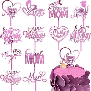 12pcs عيد أم سعيد الكعكة أعلى الكعكة أكريليك الكعكة أعلى الأم أمهات يوم كب كيك أعلى قلب الوردة زهرة أفضل أمي على شكل أمي تختار إكسسوارات كعكة لعيد الميلاد ديكور كعكة عيد الميلاد (الورود الأحمر)