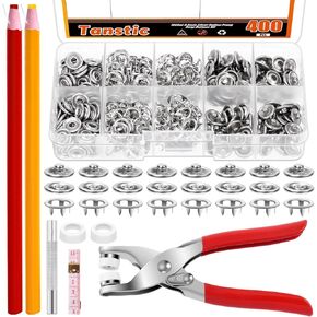 Tanstic 407pcs (100 مجموعة) الأزرار مع مجموعة أدوات Pliers Fastener ، السحابات Slack Metal Snap سعة 9.5 ملم مع كماشة سحف ، لكمة ، مسطرة ناعمة ، علامة الصين القشرية للخياطة (Hollow)