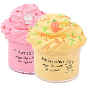 Pink and Yellow Carrot Lemon Slime for Easter, 2 Pack Butter Slime Kit for Boys Girls, Premade DIY Kids Easter Toys Party Favors (100ML Each*2)