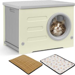 CAT Cat House داخلي/في الهواء الطلق ، ملجأ مقاوم للطقس قابل للتكديس مع وسادة ثنائية الجوانب ، تصميم مرتفع لجميع المواسم (رمادي)