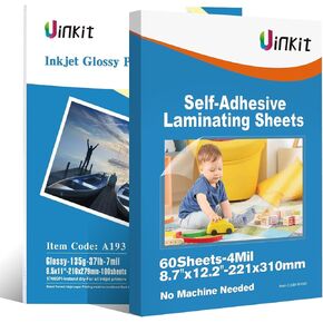 Uinkit 60 Sheets 4Mil Self-Adhesive Laminating Sheets, 8.7 x 12.2 Inches and Uinkit 37lb Thin Flyer Paper Glossy 8.5x11 Inkjet 100 Sheets