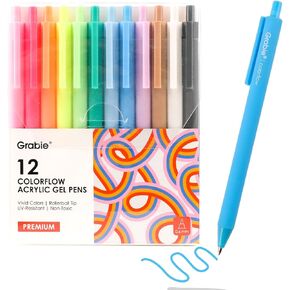 12 Colors Retractable Colorflow Acrylic Gel Pens, Fine Point 0.6mm, Gel Ink Pens for Coloring Books, Adults DIY Crafts Making