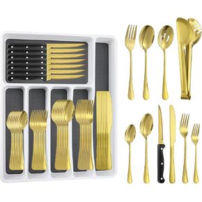 53PCS Silverware Set for 8 with Flatware Drawer Organizer, Stainless Steel Cutlery Set with Steak Knives, Include Spoons and Forks Set & Serving Utensils, Mirror Polished, Silver