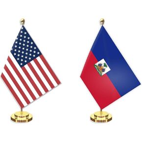 2 Pack Haiti American Desk Small Flag Set ، 5 × 8 Inch Haitians Mini Desktop Table Banner ، 12 "ديكور القطب الصلب المعدني ، لافتة بوليستر رقمية صغيرة مع قاعدة ذهبية