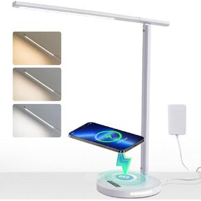 مصباح مكتب LED تمت ترقيته مع شاحن لاسلكي ، مصباح طاولة قابلة للطي قابلة للطي قابلة للطي لغرفة غرفة نوم المنزل متينة ، 3 درجات حرارة ملونة ، وظيفة الذاكرة