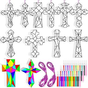 Motipuns 72 مجموعة مجموعة مسيحية الصليب الديني مع القلم المائي ، تلوين مجموعة Cross Cross Cross Suncatchers Craft Easter DIY الحلي لمدرسة الأحد الفنية الفنية