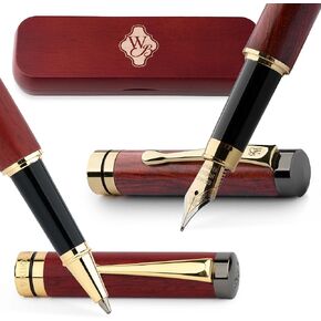 Wordsworth & Black Rollerball Pen - قلم الخيزران الفاخر [Rosewood] يشمل مجموعة قلم النافورة [Rose Wood] ، - Nib متوسطة ، 6 خراطيش حبر ، محول إعادة الملء وحالة الهدايا الممتازة