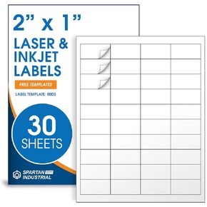 2 "× 1" ملصقات قابلة للطباعة أبيض غير لامع متوافقة مع طابعات الحبر والليزر - 30 ورقة ، 1200 ملصقات ورقية إجمالية للباركود UPC و EAN ، والعناوين ، والبريد - Spartan Industrial