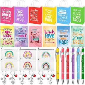 RESHOLDER 30 قطعة هدايا تقدير المعلم ، 6 أكياس ماكياج قوس قزح 6 أكياس هدايا الورق 6 سلاسل مفاتيح مع معلقات Apple 6 مؤلفات حربية ملهمة الجيب الدفترية و 6 نقاط قلم الحبر