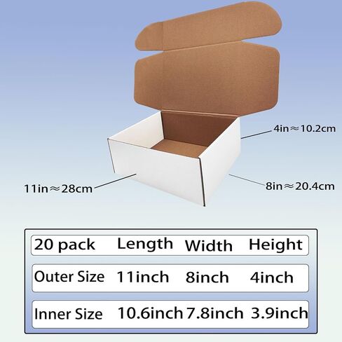 11 x 8 x 4 inch Shipping Boxes Set of 20， White Corrugated Cardboard Box Mailer Boxes for Packaging Small Business Shipping，Mailing Boxes Bulk for Birthday Wedding Party Book Literature Gift Giving in Saudi Arabia