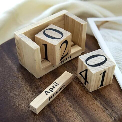 Vpang Vintage Wood Perpetual Calendar Shabby Chic Blocks Desktop Calendar Rustic Wooden Cubes Calendar Home Office Decoration (Natural-Black) in Kuwait