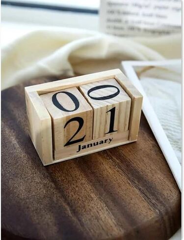 Vpang Vintage Wood Perpetual Calendar Shabby Chic Blocks Desktop Calendar Rustic Wooden Cubes Calendar Home Office Decoration (Natural-Black) in Kuwait