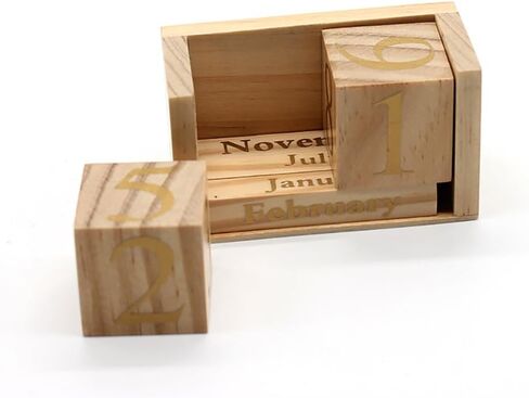 Vpang Vintage Wood Perpetual Calendar Shabby Chic Blocks Desktop Calendar Rustic Wooden Cubes Calendar Home Office Decoration (Natural-Black) in Kuwait