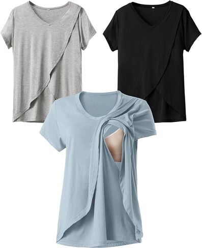 Rnxrbb V Neck Nursing Tops for Breastfeeding Tshirts Summer Postpartum Clothes Sets Short Sleeve 3 Pack Double Layer in Kuwait