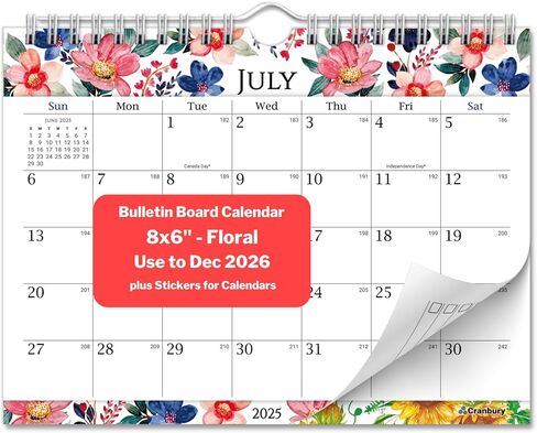 CRANBURY Small 8x6" Wall Calendar 2025-2026 (Floral), Use July 2025 to Dec 2026, Mini Monthly Hanging Calendar, Gorgeous Flower Designs, Use on Bulletin Board, Fridge, or on Desk, Includes Stickers in Kuwait