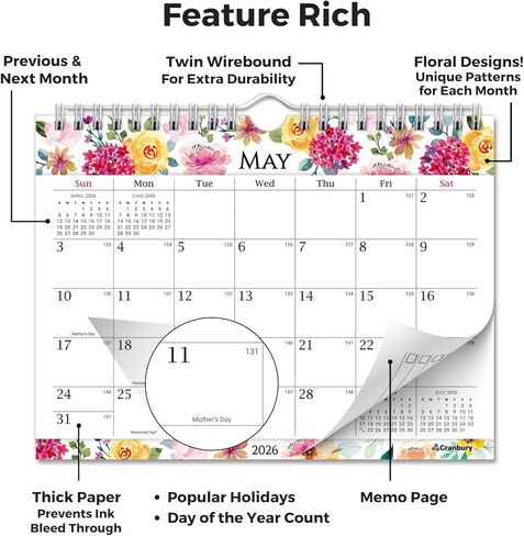 CRANBURY Small 8x6" Wall Calendar 2025-2026 (Floral), Use July 2025 to Dec 2026, Mini Monthly Hanging Calendar, Gorgeous Flower Designs, Use on Bulletin Board, Fridge, or on Desk, Includes Stickers in Kuwait