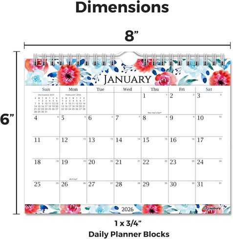CRANBURY Small 8x6" Wall Calendar 2025-2026 (Floral), Use July 2025 to Dec 2026, Mini Monthly Hanging Calendar, Gorgeous Flower Designs, Use on Bulletin Board, Fridge, or on Desk, Includes Stickers in Kuwait