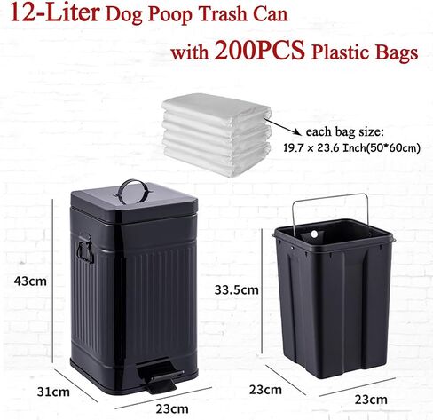 Dog Poop Trash Can with Lid for Outdoors，12-Liter Trash Can with 200PCS White Plastic Bags, Pet Waste Container，Black+200WH in Saudi Arabia