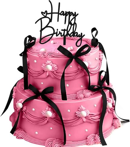 10 PCS Black Bow Cake Toppers with Happy Birthday Sign - Vintage Ribbon Cupcake Toppers for Birthday Party Decorations Coquette Theme Anniversary Wedding Decor Cake Decorating Supplies (Black) in Kuwait