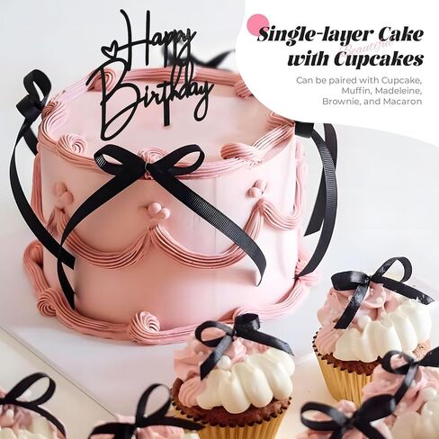 10 PCS Black Bow Cake Toppers with Happy Birthday Sign - Vintage Ribbon Cupcake Toppers for Birthday Party Decorations Coquette Theme Anniversary Wedding Decor Cake Decorating Supplies (Black) in Kuwait