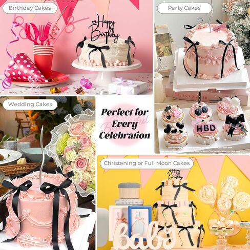 10 PCS Black Bow Cake Toppers with Happy Birthday Sign - Vintage Ribbon Cupcake Toppers for Birthday Party Decorations Coquette Theme Anniversary Wedding Decor Cake Decorating Supplies (Black) in Kuwait