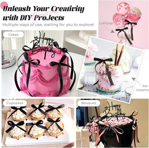 10 PCS Black Bow Cake Toppers with Happy Birthday Sign - Vintage Ribbon Cupcake Toppers for Birthday Party Decorations Coquette Theme Anniversary Wedding Decor Cake Decorating Supplies (Black) in Kuwait