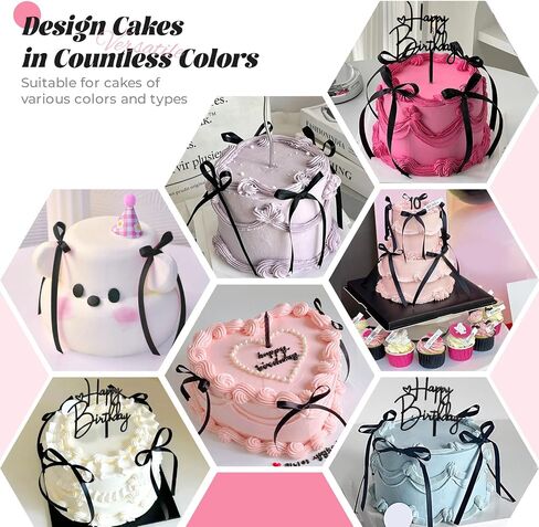 10 PCS Black Bow Cake Toppers with Happy Birthday Sign - Vintage Ribbon Cupcake Toppers for Birthday Party Decorations Coquette Theme Anniversary Wedding Decor Cake Decorating Supplies (Black) in Kuwait