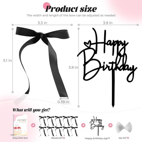 10 PCS Black Bow Cake Toppers with Happy Birthday Sign - Vintage Ribbon Cupcake Toppers for Birthday Party Decorations Coquette Theme Anniversary Wedding Decor Cake Decorating Supplies (Black) in Kuwait