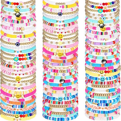 100 Pcs Preppy Heishi Surfer Bracelets Set Colorful Happy Smile Beaded Stretch Bracelets Clay Bracelets for Women in Saudi Arabia