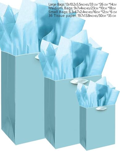 qiqee Lake Blue Gift Bags with Tissue Paper Mulit Assorted Sizes 10PCS Present Party Favor Birthday Bags(2pcs Large 13", 4pcs Medium 9", 4pcs Small 6" Bags，30pcs Tissue Paper) in Saudi Arabia