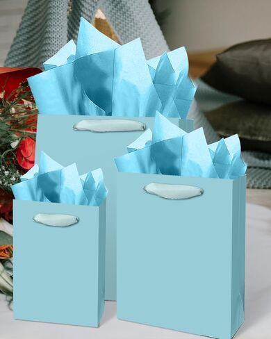 qiqee Lake Blue Gift Bags with Tissue Paper Mulit Assorted Sizes 10PCS Present Party Favor Birthday Bags(2pcs Large 13", 4pcs Medium 9", 4pcs Small 6" Bags，30pcs Tissue Paper) in Saudi Arabia