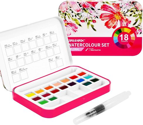 Aureuo Travel Watercolor Paint Set - 18 لونًا ماءًا نصف مقلاة ، صندوق قصدير محمول ، طقم ألوان مائية صغيرة للبالغين والمبتدئين والفنانين in Kuwait