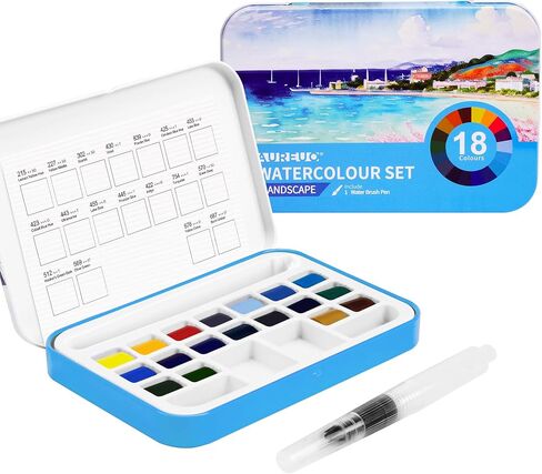 Aureuo Travel Watercolor Paint Set - 18 لونًا ماءًا نصف مقلاة ، صندوق قصدير محمول ، طقم ألوان مائية صغيرة للبالغين والمبتدئين والفنانين in Kuwait